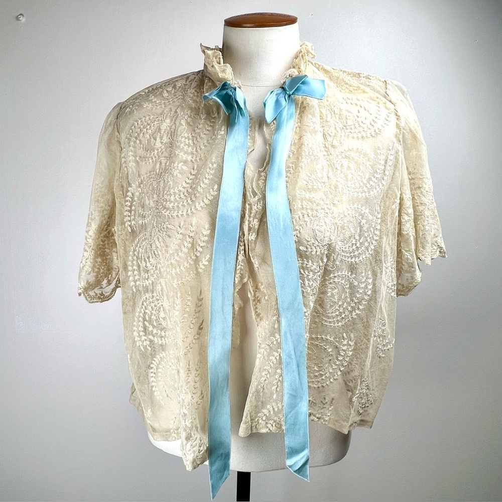 Edwardian Lace Bed or Boudoir Jacket with Blue Satin Ribbon